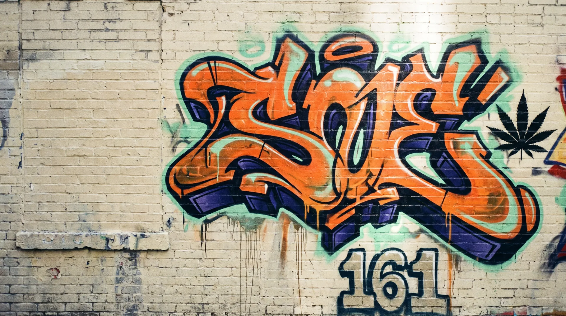 Aerosol graffiti burner in orange and indigo with a cannabis leaf stencil and the number 161 on a cream brick wall